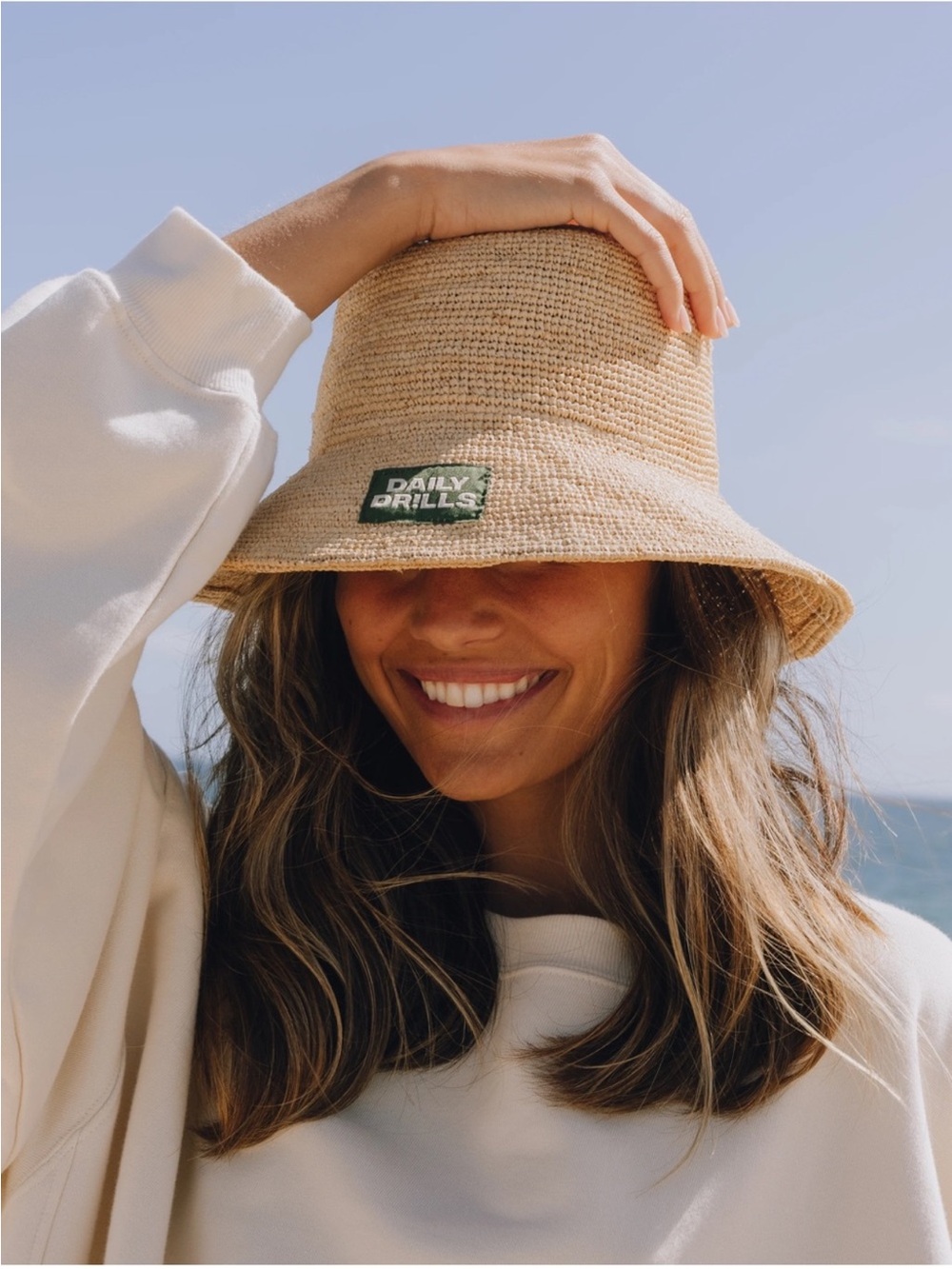 Daily Drills Summer Beige Straw Bucket Hat with Green Logo Patch